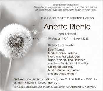 Anzeige von Anette Riehle von Reutlinger General-Anzeiger