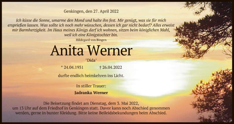  Traueranzeige für Anita Werner vom 30.04.2022 aus Reutlinger General-Anzeiger