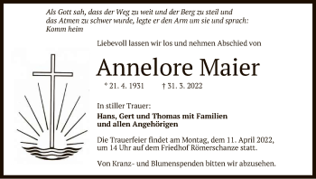 Anzeige von Annelore Maier von Reutlinger General-Anzeiger