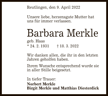 Anzeige von Barbara Merkle von Reutlinger General-Anzeiger