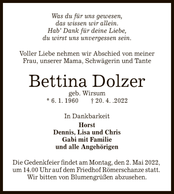 Anzeige von Bettina Dolzer von Reutlinger General-Anzeiger