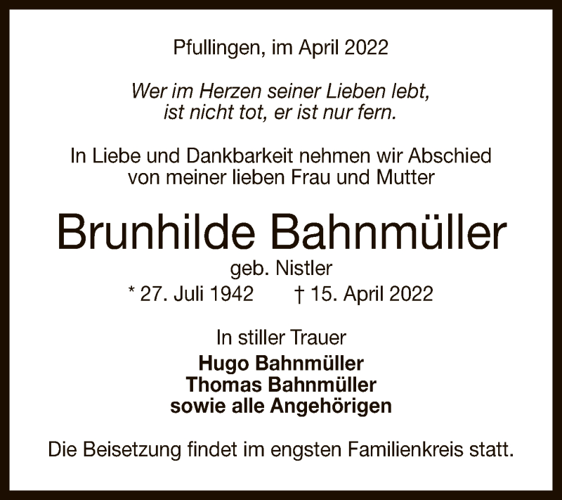  Traueranzeige für Brunhilde Bahnmüller vom 23.04.2022 aus Reutlinger General-Anzeiger
