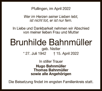 Anzeige von Brunhilde Bahnmüller von Reutlinger General-Anzeiger