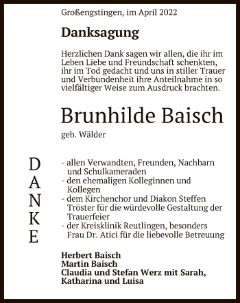 Anzeige von Brunhilde Baisch von Reutlinger General-Anzeiger