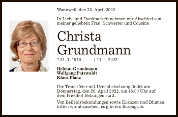Anzeige von Christa Grundmann von Reutlinger General-Anzeiger