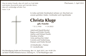 Anzeige von Christa Kluge von Reutlinger General-Anzeiger