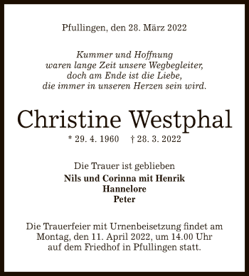Anzeige von Christine Westphal von Reutlinger General-Anzeiger