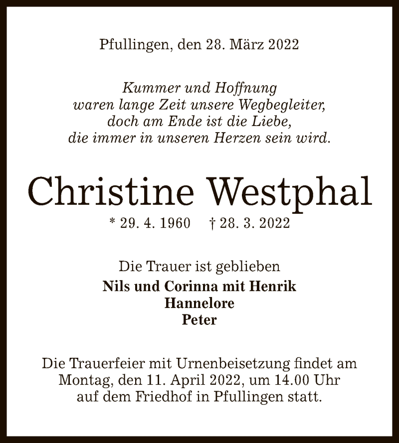  Traueranzeige für Christine Westphal vom 06.04.2022 aus Reutlinger General-Anzeiger