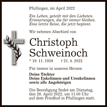Anzeige von Christoph Schweinoch von Reutlinger General-Anzeiger