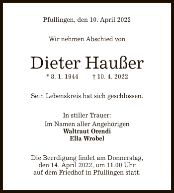 Anzeige von Dieter Haußer von Reutlinger General-Anzeiger