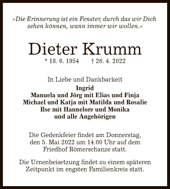 Anzeige von Dieter Krumm von Reutlinger General-Anzeiger