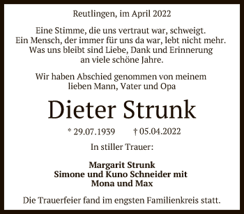 Anzeige von Dieter Strunk von Reutlinger General-Anzeiger