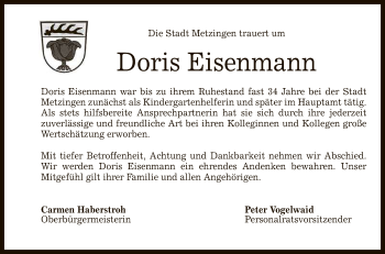 Anzeige von Doris Eisenmann von Reutlinger General-Anzeiger