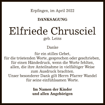 Anzeige von Elfriede Chrusciel von Reutlinger General-Anzeiger
