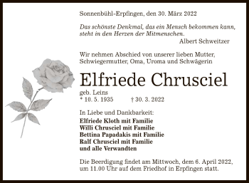Anzeige von Elfriede Chrusciel von Reutlinger General-Anzeiger
