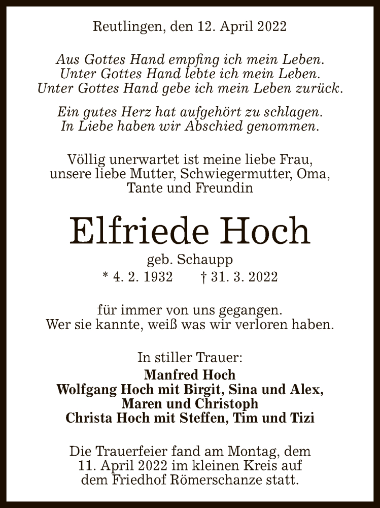  Traueranzeige für Elfriede Hoch vom 12.04.2022 aus Reutlinger General-Anzeiger