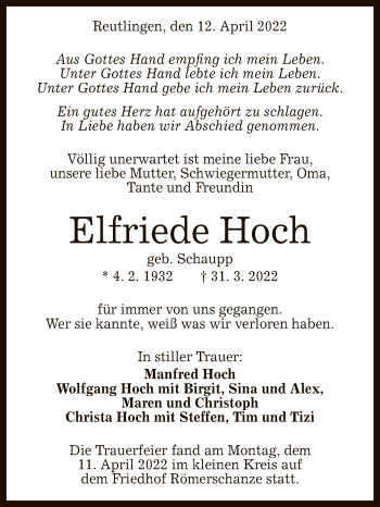Anzeige von Elfriede Hoch von Reutlinger General-Anzeiger
