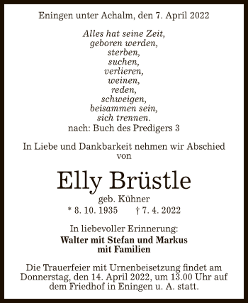 Anzeige von Elly Brüstle von Reutlinger General-Anzeiger