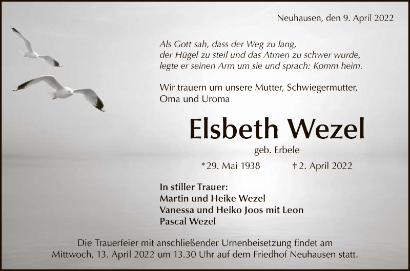  Traueranzeige für Elsbeth Wezel vom 09.04.2022 aus Reutlinger General-Anzeiger