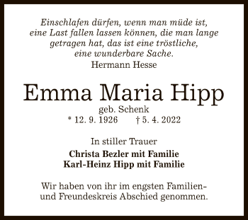 Anzeige von Emma Maria Hipp von Reutlinger General-Anzeiger