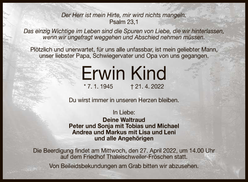  Traueranzeige für Erwin Kind vom 23.04.2022 aus Reutlinger General-Anzeiger