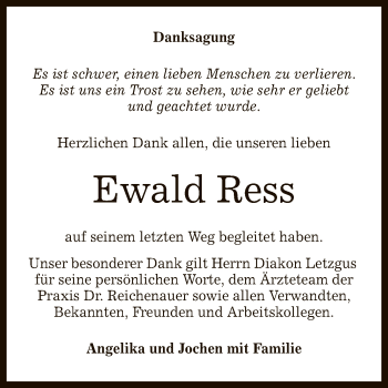 Anzeige von Ewald Ress von Reutlinger General-Anzeiger