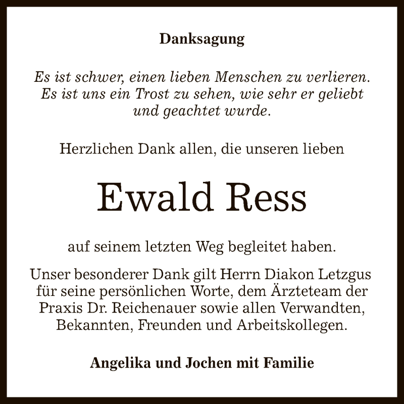  Traueranzeige für Ewald Ress vom 23.04.2022 aus Reutlinger General-Anzeiger