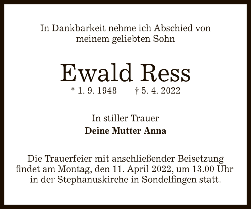  Traueranzeige für Ewald Ress vom 09.04.2022 aus Reutlinger General-Anzeiger
