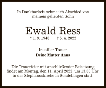 Anzeige von Ewald Ress von Reutlinger General-Anzeiger