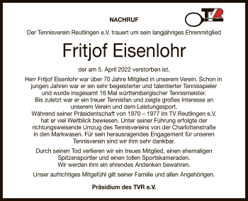 Anzeige von Fritjof Eisenlohr von Reutlinger General-Anzeiger
