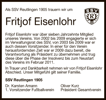 Anzeige von Fritjof Eisenlohr von Reutlinger General-Anzeiger