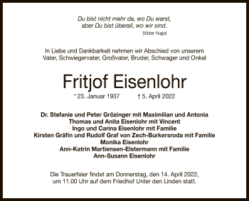 Anzeige von Fritjof Eisenlohr von Reutlinger General-Anzeiger