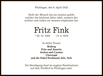 Anzeige von Fritz Fink von Reutlinger General-Anzeiger