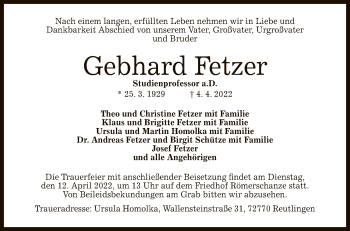 Anzeige von Gebhard Fetzer von Reutlinger General-Anzeiger