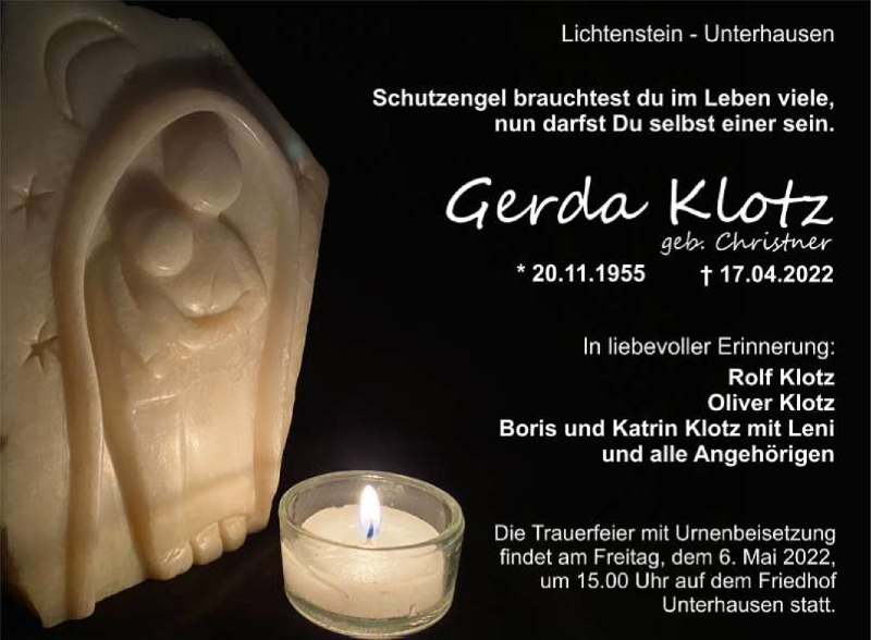  Traueranzeige für Gerda Klotz vom 23.04.2022 aus Reutlinger General-Anzeiger
