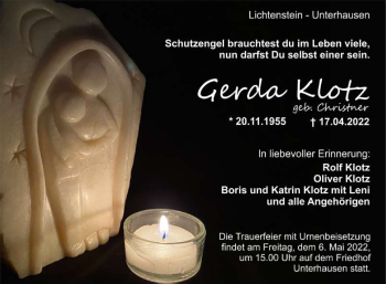 Anzeige von Gerda Klotz von Reutlinger General-Anzeiger