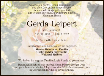 Anzeige von Gerda Leipert von Reutlinger General-Anzeiger