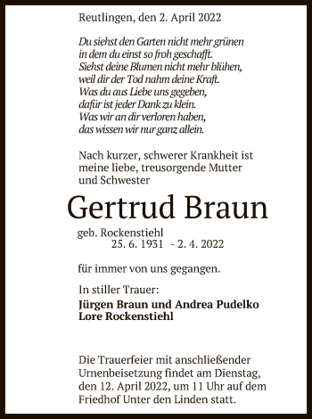 Anzeige von Gertrud Braun von Reutlinger General-Anzeiger