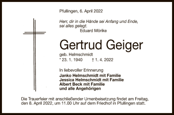 Anzeige von Gertrud Geiger von Reutlinger General-Anzeiger