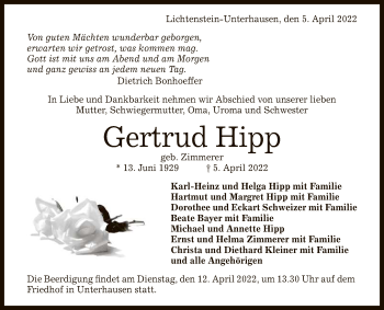 Anzeige von Gertrud Hipp von Reutlinger General-Anzeiger