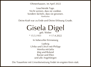 Anzeige von Gisela Digel von Reutlinger General-Anzeiger