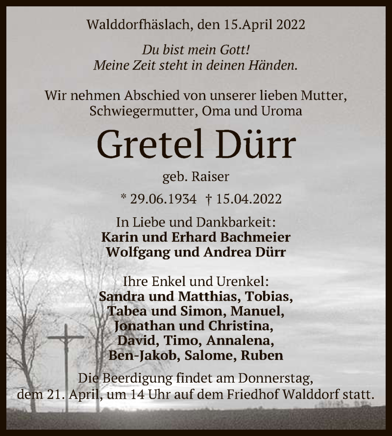  Traueranzeige für Gretel Dürr vom 20.04.2022 aus Reutlinger General-Anzeiger