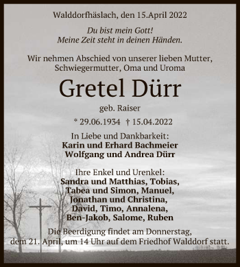 Anzeige von Gretel Dürr von Reutlinger General-Anzeiger