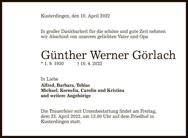  Traueranzeige für Günther Werner Görlach vom 19.04.2022 aus Reutlinger General-Anzeiger