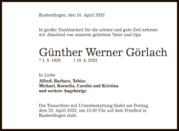 Anzeige von Günther Werner Görlach von Reutlinger General-Anzeiger