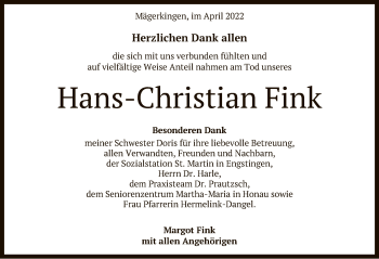 Anzeige von Hans-Christian Fink von Reutlinger General-Anzeiger