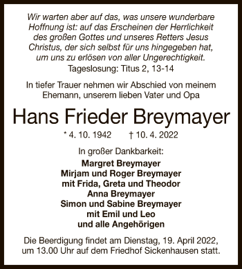 Anzeige von Hans Frieder Breymayer von Reutlinger General-Anzeiger