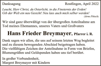 Anzeige von Hans Frieder Breymayer von Reutlinger General-Anzeiger