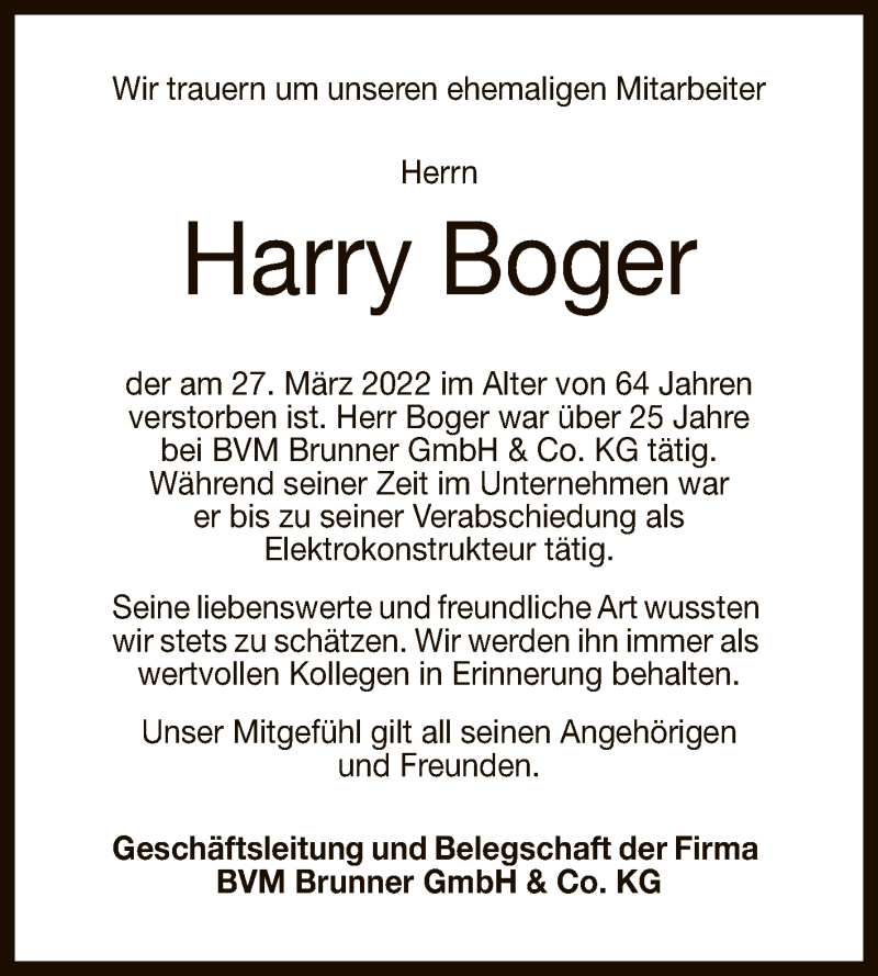  Traueranzeige für Harry Boger vom 06.04.2022 aus Reutlinger General-Anzeiger