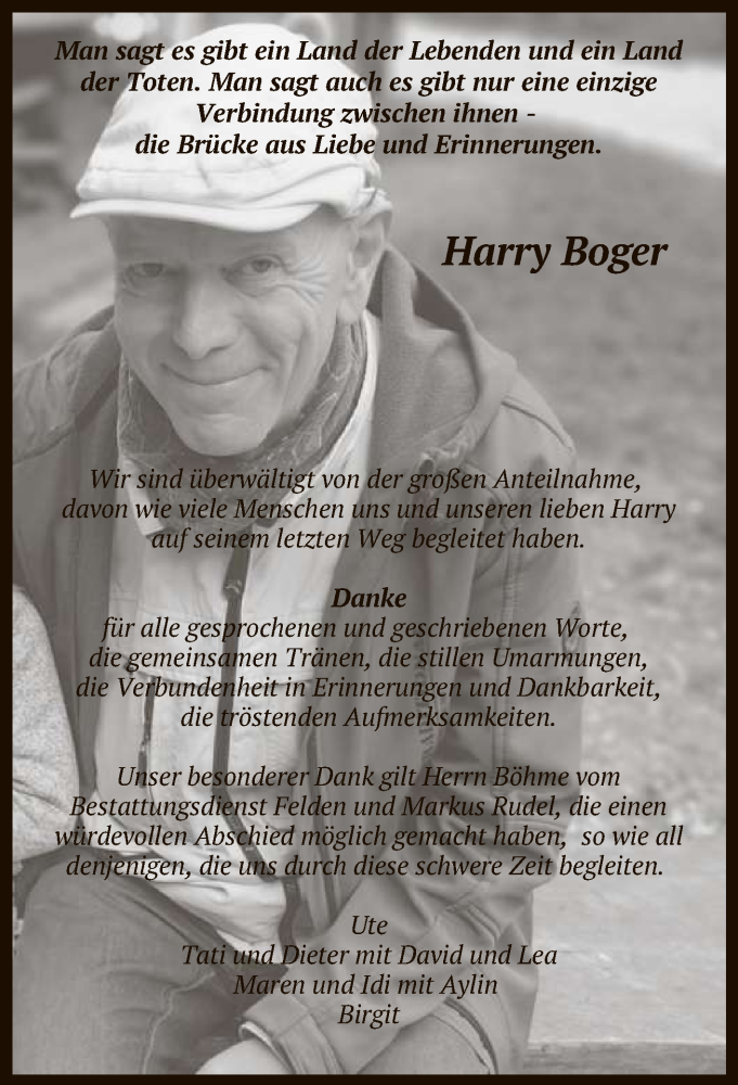  Traueranzeige für Harry Boger vom 16.04.2022 aus Reutlinger General-Anzeiger